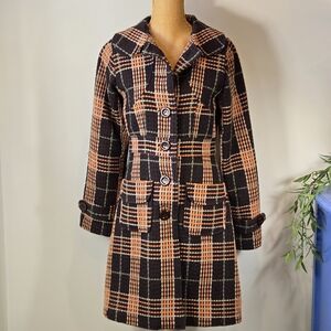 Nick and Mo Vintage Style Plaid Wool Blend Coat - Size Medium Brown/Orange/Green